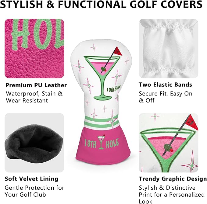 Golf Club Head Covers for Men Women, PU Leather Golf Headcover for Driver Fairway Wood and Hybrid, Funny Golf Accessories