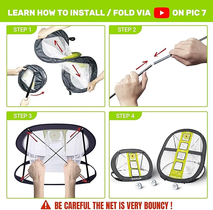 SAPLIZE Ultra-Stable Golf Chipping Net Set with Pop-Up Target, Tri-Turf Mat, Foam Practice Balls, Tees and Scoring Board for Indoor and Outdoor Chipping Accuracy and Swing Training