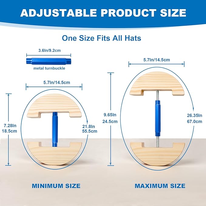Hat Stretcher for Fitted Hats, Cowboy Hat Stretcher Fitted Hat 7 to 8 1/2, Adjustable Wooden Hat Jack Stretcher Fits All Caps