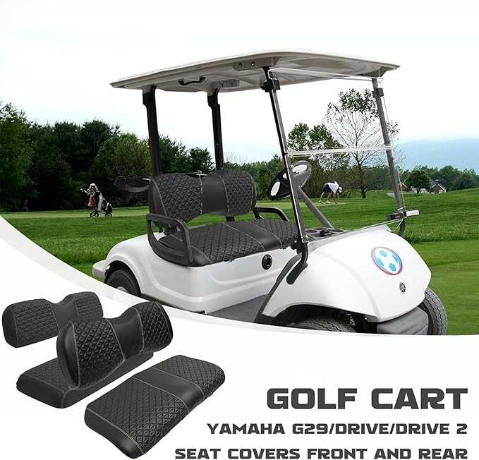XUANYUDG0769 Golf Cart Front and Rear Seat Covers for EZGO TXT/RXV Club Car DS/Precedent Yamaha G29, Vinyl Leather Made/Adjustable Straps and Retractable Buckle/No Stapler Required,4PCS