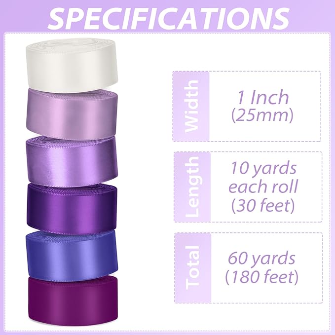 1 Inch Purple Satin Ribbons for Crafts, 6 Rolls Single-Faced Purple Assorted - Image 2