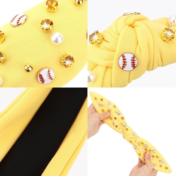 Baseball Headbands for Women Crystal Baseball Embellished Wide Top Knot Headband for Women Game Day Hair Accessories (Yellow)