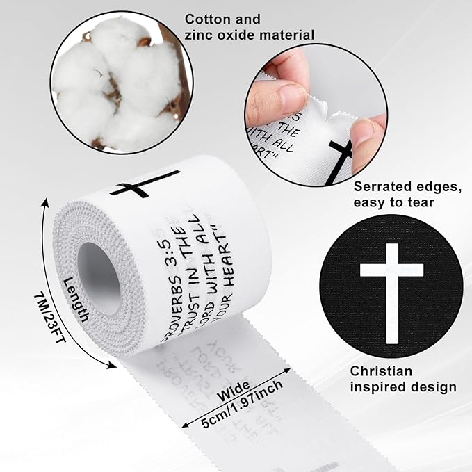 MiniInflat 2 Pcs Christian Cross Athletic Tape Sports Tape 2in x 23ft Religion Jesus Wrist Wrap for Soccer Football Baseball, Gift for Graduation Teacher Nurses Week Pentecost(White Black,Proverbs)