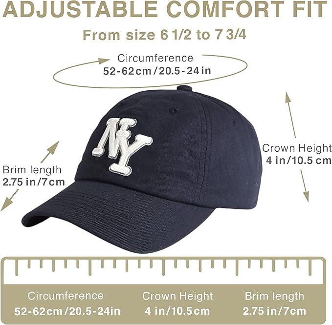 NY 3D Embroidered Cotton Dad Hat – New York Baseball Cap, Adjustable Metal Buckle Strap, Unstructured Low-Profile Style
