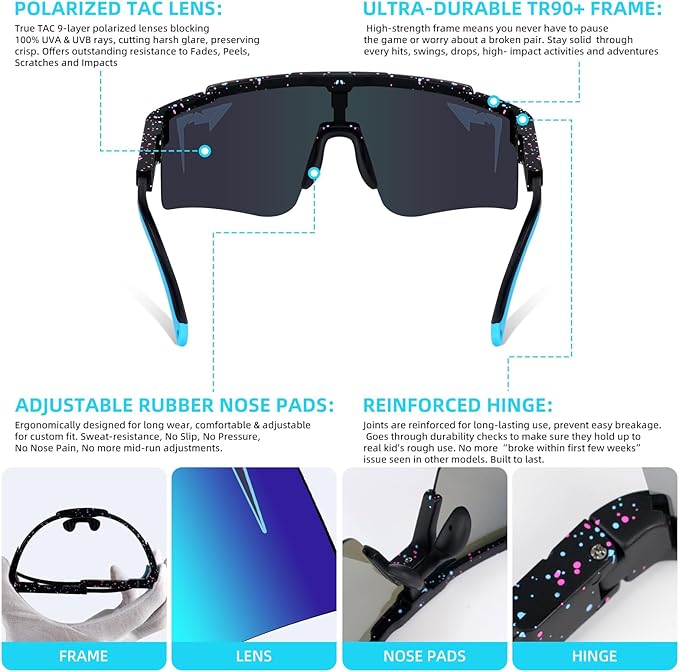 2-Sizes Kids Youth Baseball Sunglasses Men Women Vipers Sunglasses Softball Boys Girl True Polarization &UV Protection