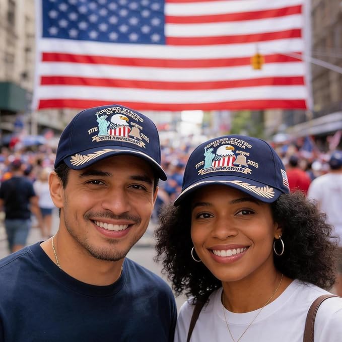 2 Pack 250 Anniversary USA Hat Embroidered Eagle & Liberty，Adjustable Patriotic American Flag Baseball Caps for Men Women