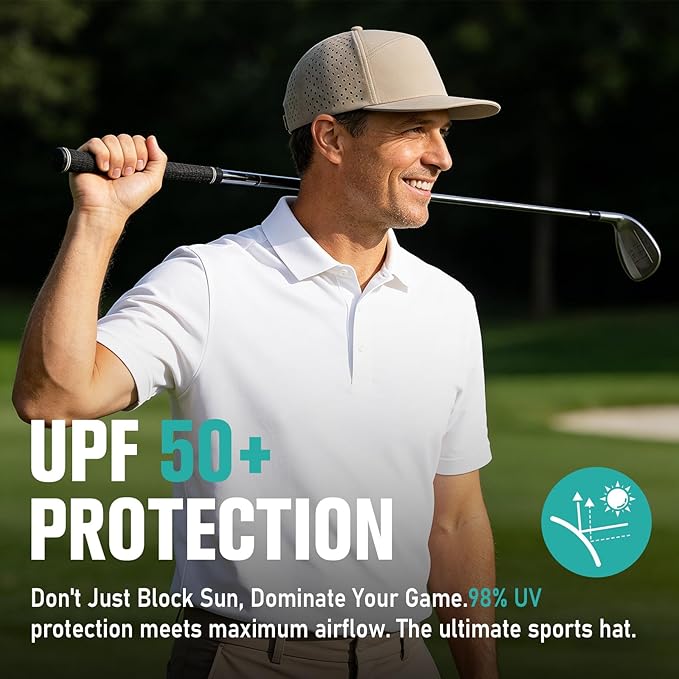 AOPREL Flat Brim Baseball Cap for Men Adjustable Water-Resistant Performance Hat with Breathable Laser Perforated