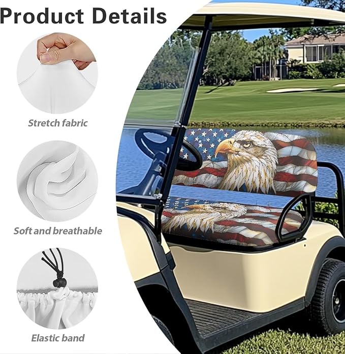 Bulopur Bald Eagle American Flag Golf Cart Seat Covers 2 Pack Fit for EZGO TXT RXV/Club Car DS Precedent Golf Cart Bench Cover and Backrest Cover Set Patriotic Golfcart Accessories