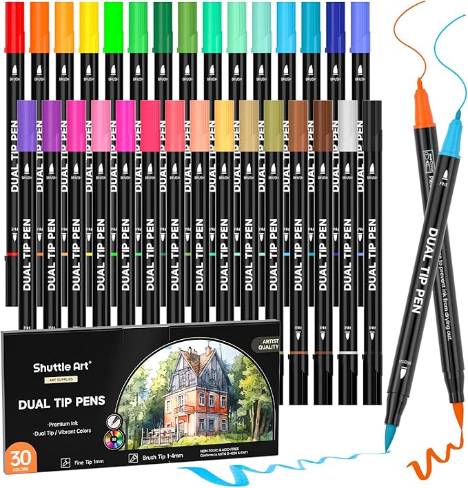 Shuttle Art Dual Tip Brush Marker Pens, 30 Colors Dual Tip Calligraphy Pens by ShuttleArt