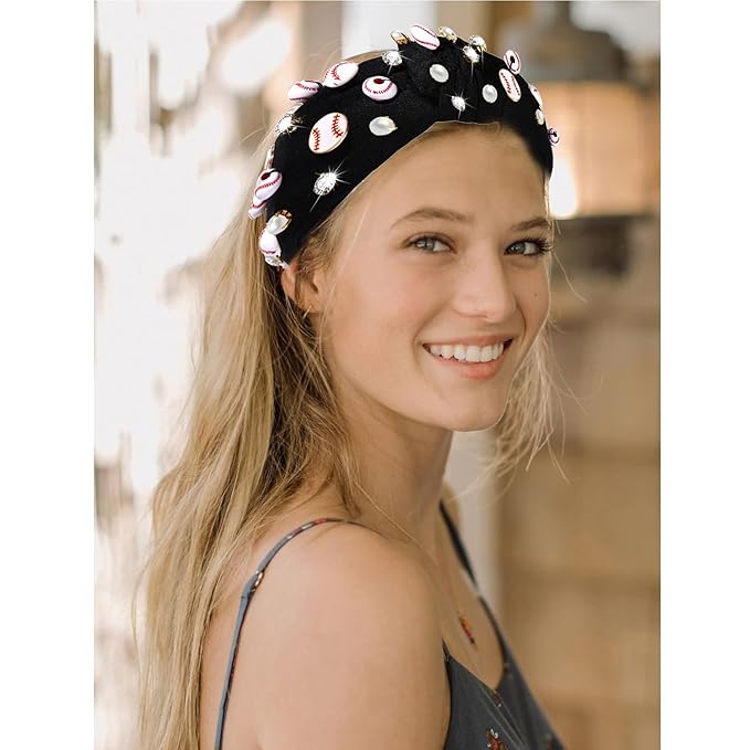 Baseball Headband for Women Baseball Accessories Beaded Crystal Pearl Knotted Headbands Baseball Charm Embellished Headbands Wide Top Knot Sports Game Day Headband Gifts (Black)
