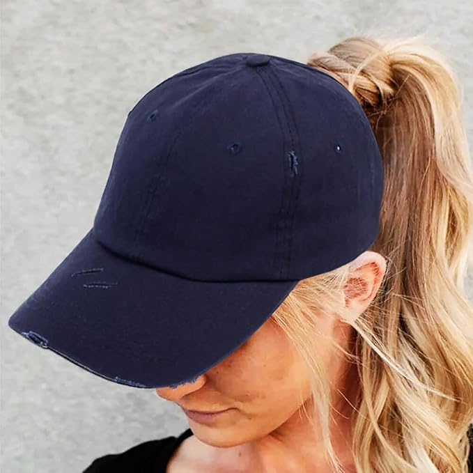 Eohak Ponytail Baseball Hat Distressed Retro Washed Womens Twill