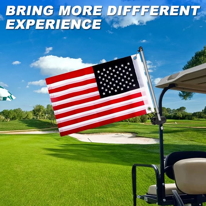 Golf Cart Flag Holder and Flag Pole Kit for Yamaha, EZGO, Club Car, Upgraded Flag Bracket for 0.59-1.18" Round/Oval/Square Rails Golf Carts, Boat, Golf Push Carts, Included USA Flag (22.8”×11.4”) 2PCS