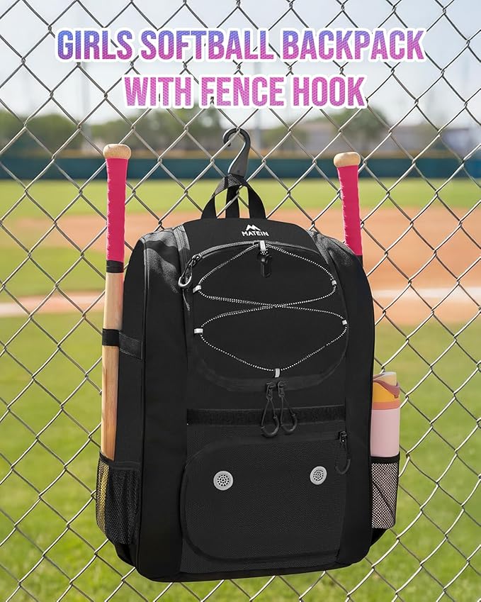 MATEIN Softball Bag, Lightweight Baseball Backpack with Shoe Compartment, Baseball Bag with Fence Hook for TBall Bat & Equipment, Softball Gifts Catchers Backpack for Women Fit Catcher’s Mitt, Helmet