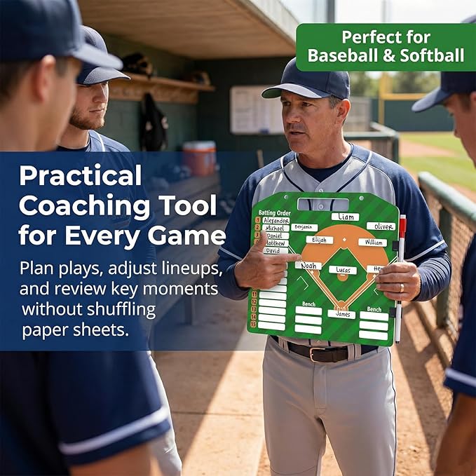 Magnetic Baseball Lineup Board - Dry Erase Baseball & Softball Lineup Board for Dugout, Includes 30 Lineup Cards & 2 Markers, Baseball Clipboard for Coaches, Softball Whiteboard Coaching Accessories