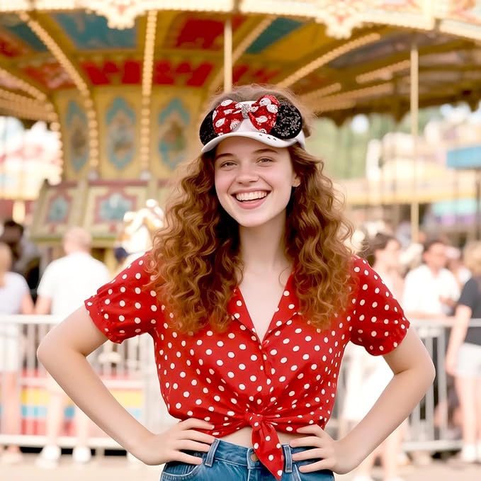 Adult Size Mouse Ears Visors for Women, Adjustable Sun Visor Hat Baseball Cap with Sequin Mouse Ears Bow for Theme Park Decor