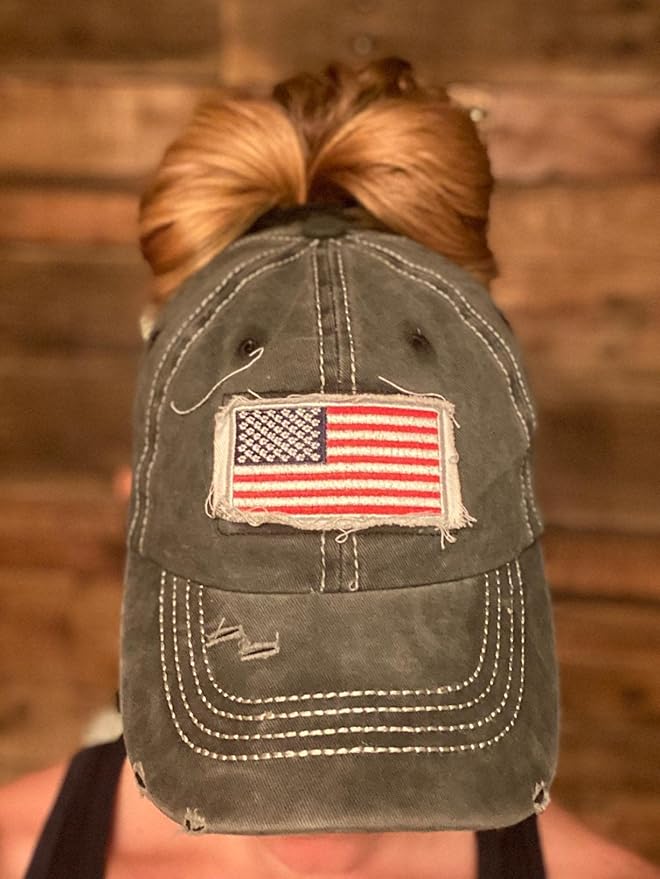 Distressed Ponytail Hat for Women American-Flag Pony Tail Caps High Bun