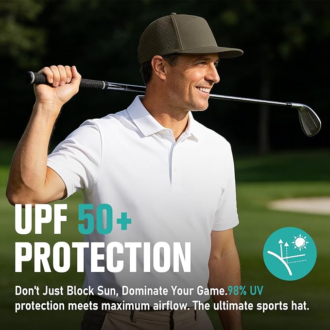 AOPREL Flat Brim Baseball Cap for Men Adjustable Water-Resistant Performance Hat with Breathable Laser Perforated