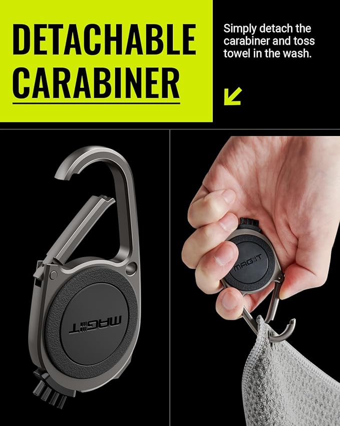 Legato MAG-iT Magnetic Golf Towel with Built-in Groove Cleaner & Sharpener – N52SH Ultra-Strong Magnet, Waffle Microfiber, Carabiner Included – Golf Bag Accessory – Grey