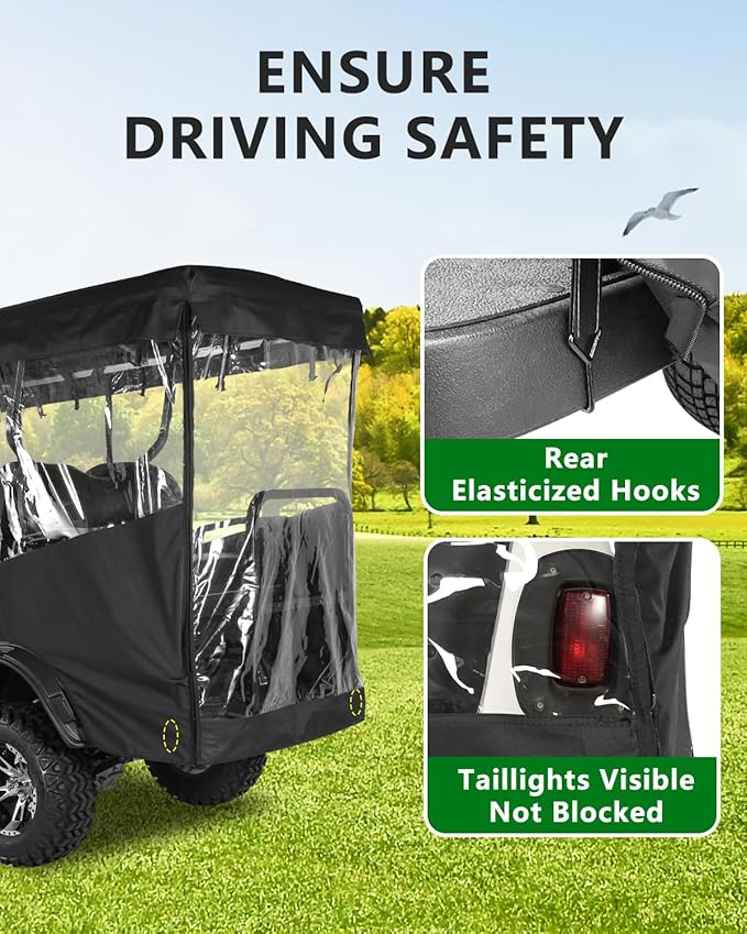 Golf Cart Enclosures 4 Passenger 93 inch Extended Roof for EDACAR Terrain 4 Seater, Clear Rain Cover 4 Sided Transparent Windows Zippers Door Roll Up Driving Enclosure, Side Mirrors Opening (Black)