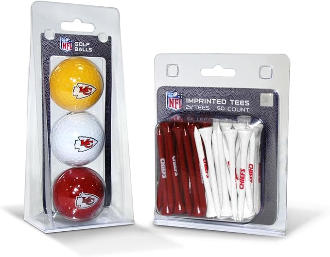 Team Golf NFL Kansas City Chiefs 3 Golf Balls and 50 Golf Tees Logo Imprinted Golf Balls (3 Count) & 2-3/4" Regulation Golf Tees (50 Count), Multi Colored