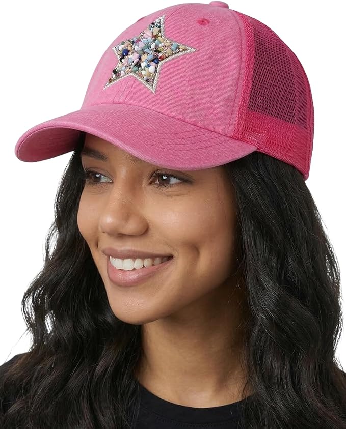 Funky Junque Trucker Hat for Women – Distressed Low Profile Western Camo Baseball Cap with Mesh, Trendy and Adjustable Fit