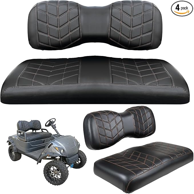 4PCS Golf Cart Seat Covers Kit, Front and Rear Seat Covers,Vinyl Seat Covers Accessories, No Staples（Black&Brown Stitch） (Fits YAMAHA/G29/Drive2)