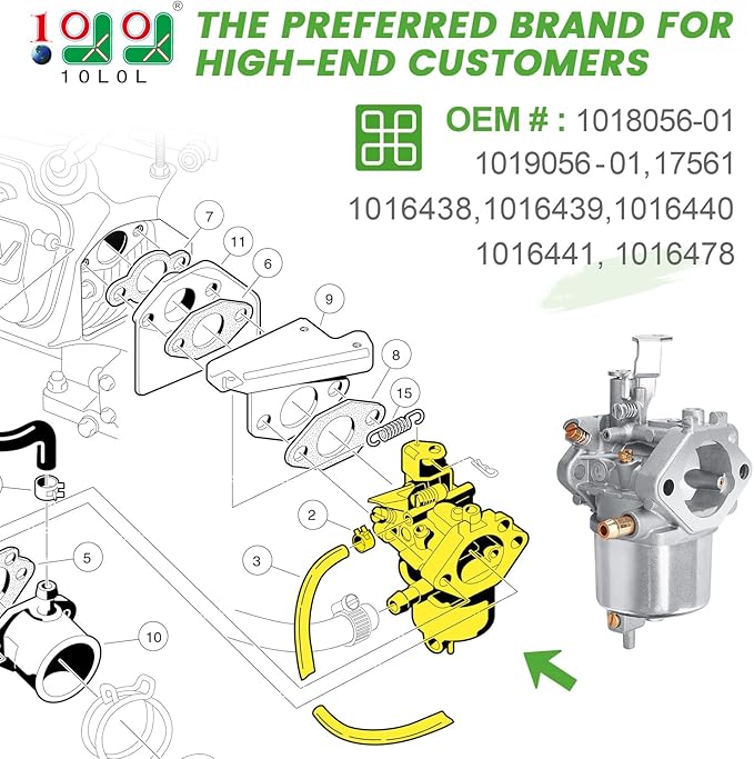 10L0L Golf Cart Carburetor Kit Compatible with Club Car DS, Precedent, Turf, Carryall & Kawasaki FE290 Engine, OEM# 101805601 101905601 17561 1016438 1016439 1016440 1016441 1016478