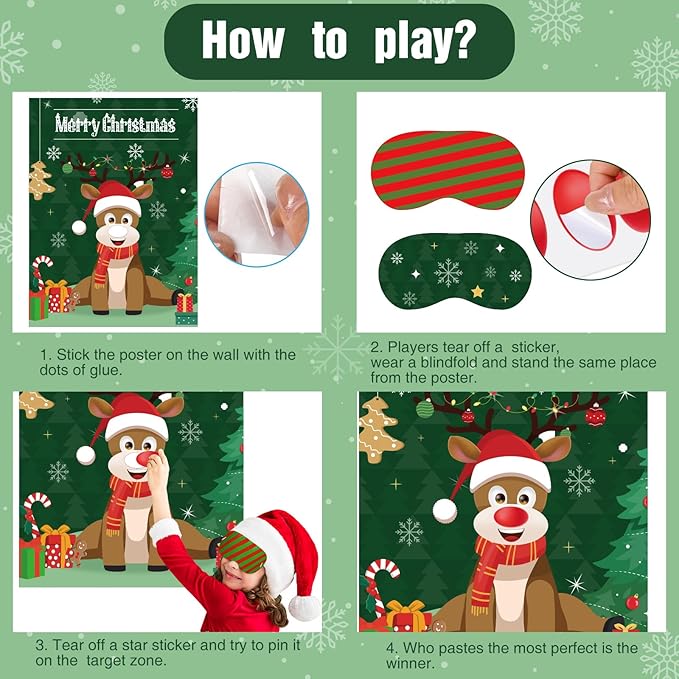 ASTARON Christmas Party Games for Kids, Pin The Hat on Reindeer - Image 4