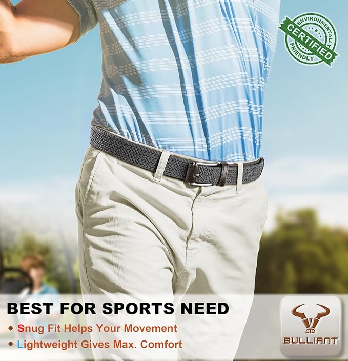 BULLIANT Belt for Men 2Pack,Mens Gift Stretch Braided Web Belt Elastic for Casual Golf Jeans,1 3/8"