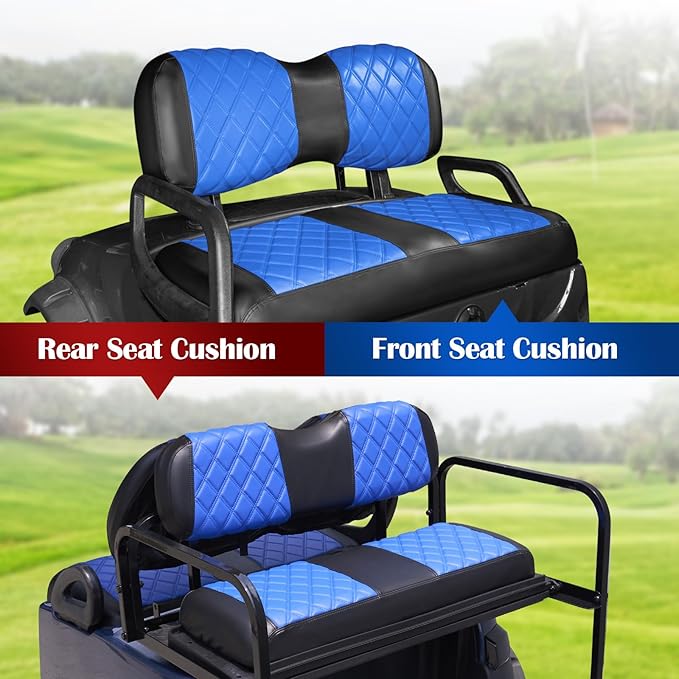 NOKINS 4PCS Golf Cart Diamond Seat Covers Kit,Front and Rear Seat Covers for Club Car Precedent/EZGO TXT/Yamaha Original Regular Seat Cushion (Blue and Black, Fit Yamaha Drive/Drive 2)