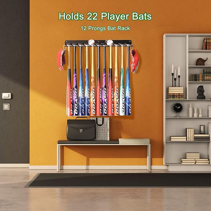 QBA Wall Mount Baseball Bat Holder, Heavy Duty Metal Bat Rack, Holds 22 Bats, Bats Organizer for Dugout Fence Home Garage (Black)