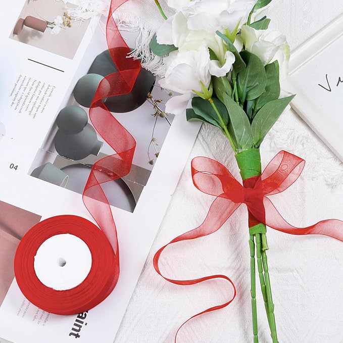 Ribbon for Gift Wrapping 3/4 inch Red Sheer Organza Ribbon for Flower Bouquet - Image 4