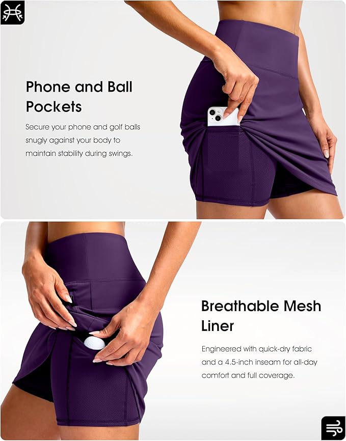 G Gradual 18" Golf Skirts for Women Zipper Pockets Mid Length Skort with Shorts Underneath High Waist Tennis Pickleball