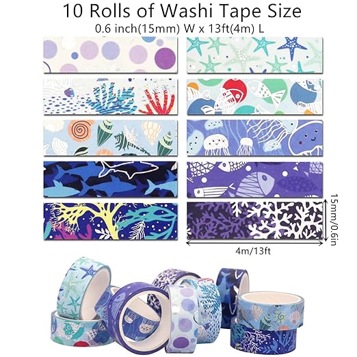 Blue Ocean Washi Tape Set 10 Rolls Bronzing Sea Decorative Masking Tapes - Image 2