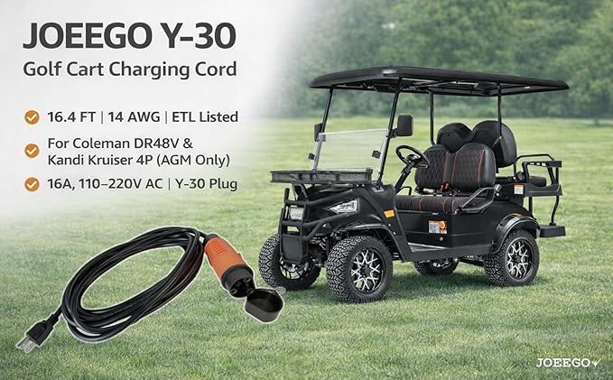 JOEEGO Y-30 Charging Power Cord Assembly Compatible with Coleman DR48V & Kandi Kruiser 4P AGM Battery Golf Carts, ETL Listed (16.4ft)