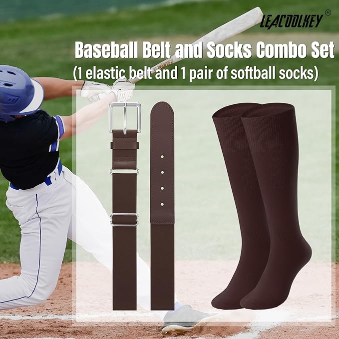 LEACOOLKEY Baseball Belt and Socks Combo Set Adjustable Softball Socks and Elastic Belt for Youth and Adult