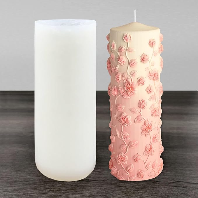 Flower Cylinder Candle Molds Floral Vine Pillar Thick Silicone Molds by PRETTYLIFE