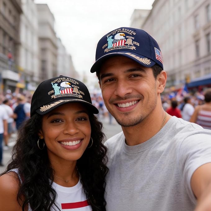 2 Pack 250 Anniversary USA Hat Embroidered Eagle & Liberty，Adjustable Patriotic American Flag Baseball Caps for Men Women
