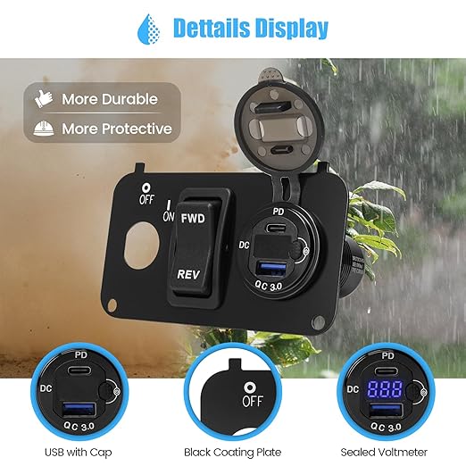 briidea 3 in 1 Multifunctional Integrated Panel with DC 10V-60V QC3.0 and Type-C Dual USB Fast Charger Socket, Forward Reverse Switch, Compatible with EZGO TXT, PDS & Medalist