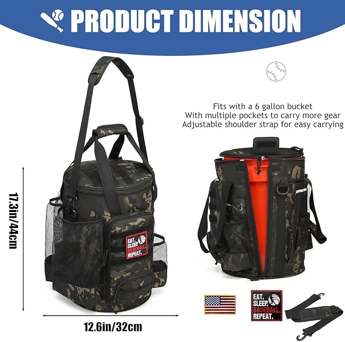 Baseball Bucket Bag 6 Gallon Bucket Cover Organizer w/Padded Seat tactical Softball Coaches Bag for Balls, Bat, Gloves, Scoreboards