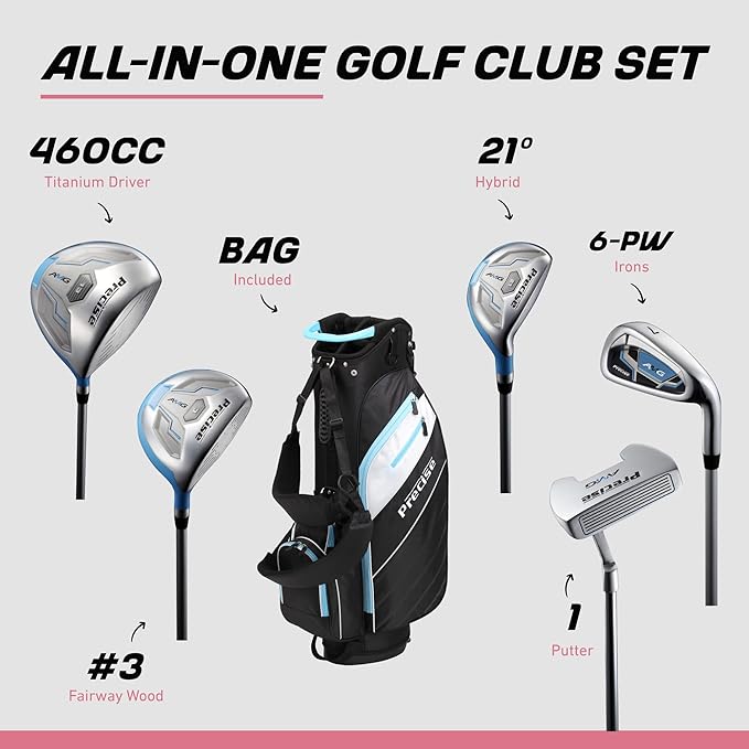 Precise AMG Women's Golf Clubs Full Set – Petite, Regular & Tall Sizes | Beginner & Intermediate | Right Handed | Driver, Fairway, Hybrid, Irons, Putter & Stand Bag