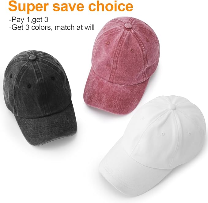 MEINICY 3 Packs Washed-Cotton Plain Baseball Cap, Vintage Adjustable Dad Hats Gift for Men/Women,Unstructured