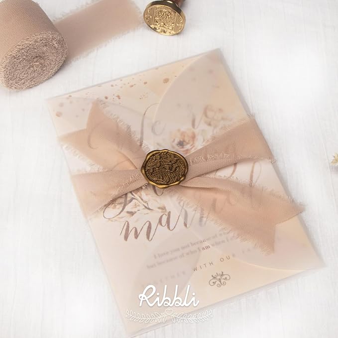 Ribbli Beige Chiffon Ribbon 1-1/2 inch x 20 Yard Handmade Fringe Silk Ribbon - Image 4