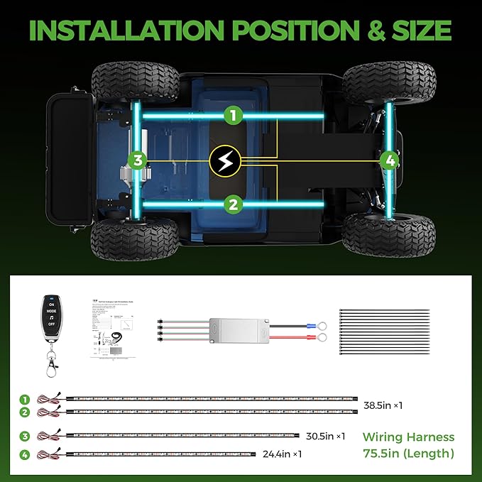 10L0L 4PCS Golf Cart Underglow LED Light Strip Kit, 22 Modes Glow Neon Underbody Lighting with Wireless Remote Control Music Sync IP67 12V-80V Input for Yamaha EZGO Club Car