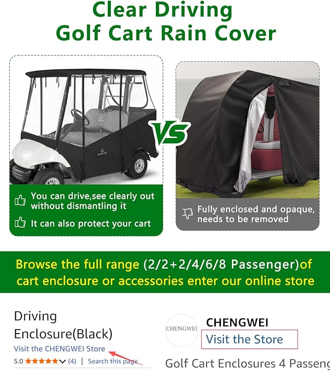 2 Passenger Golf Cart Enclosure for Yamaha G29 Drive 2 G12 G16 G14, 600D Waterproof Driving Rain Cover with Full Roll-Up Clear Windows & Doors, Heavy Duty Zippers & Side Mirror Openings