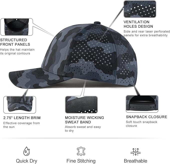 VOBOOM Men Quick Dry Baseball Cap Laser Cut Mesh Ball Curved Brim Snapback Hat