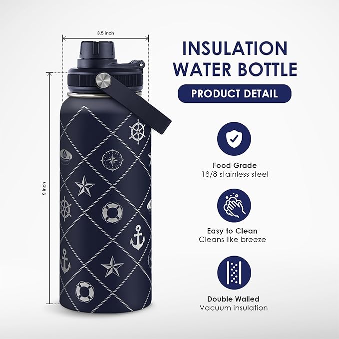 SANDJEST Boat Captain Insulated Stainless Steel Water Bottle 32oz, Vacuum Chug Lid Travel Tumbler for Men Friends Dad Brothers, Gift for Birthday Christmas Fathers Day