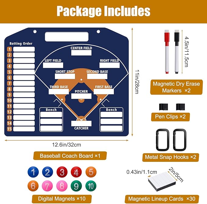 Magnetic Baseball Coach Clipboard, Anglecai Double-Sided Dry Erase Baseball Lineup Board for Softball Dugout Board Baseball Coaching Board with 30 Lineup Card/ 10 Magnet/2 Marker/2 Hook (Blue)