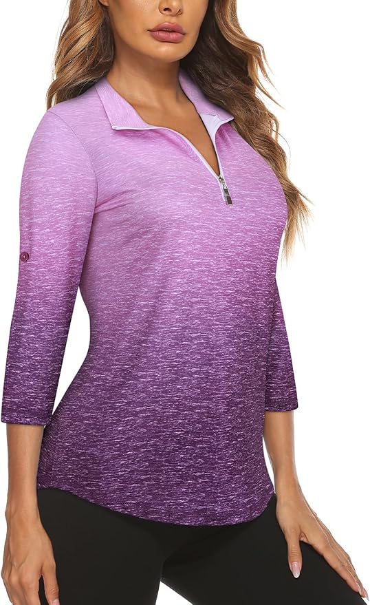 Koscacy Women's 3/4 Roll Sleeve Golf Tennis Polo Shirts UPF50+ Half Zip Dry Fit Workout Tops Athletic Shirt