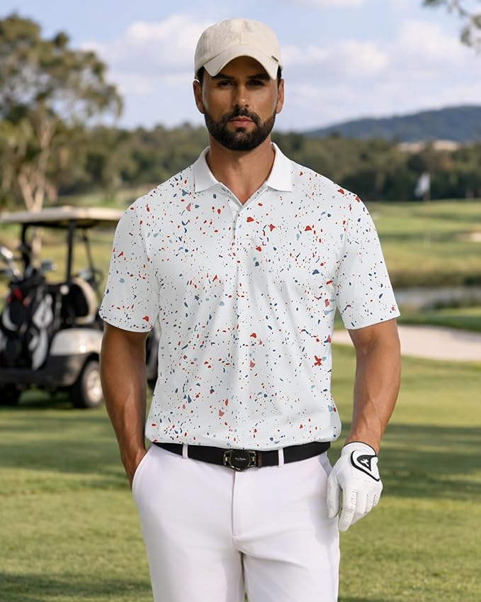 KUYIGO Mens Polo Shirt Quick Dry Moisture Wicking UPF 40+ Performance Printed Short Sleeve Summer Tennis Golf Shirt
